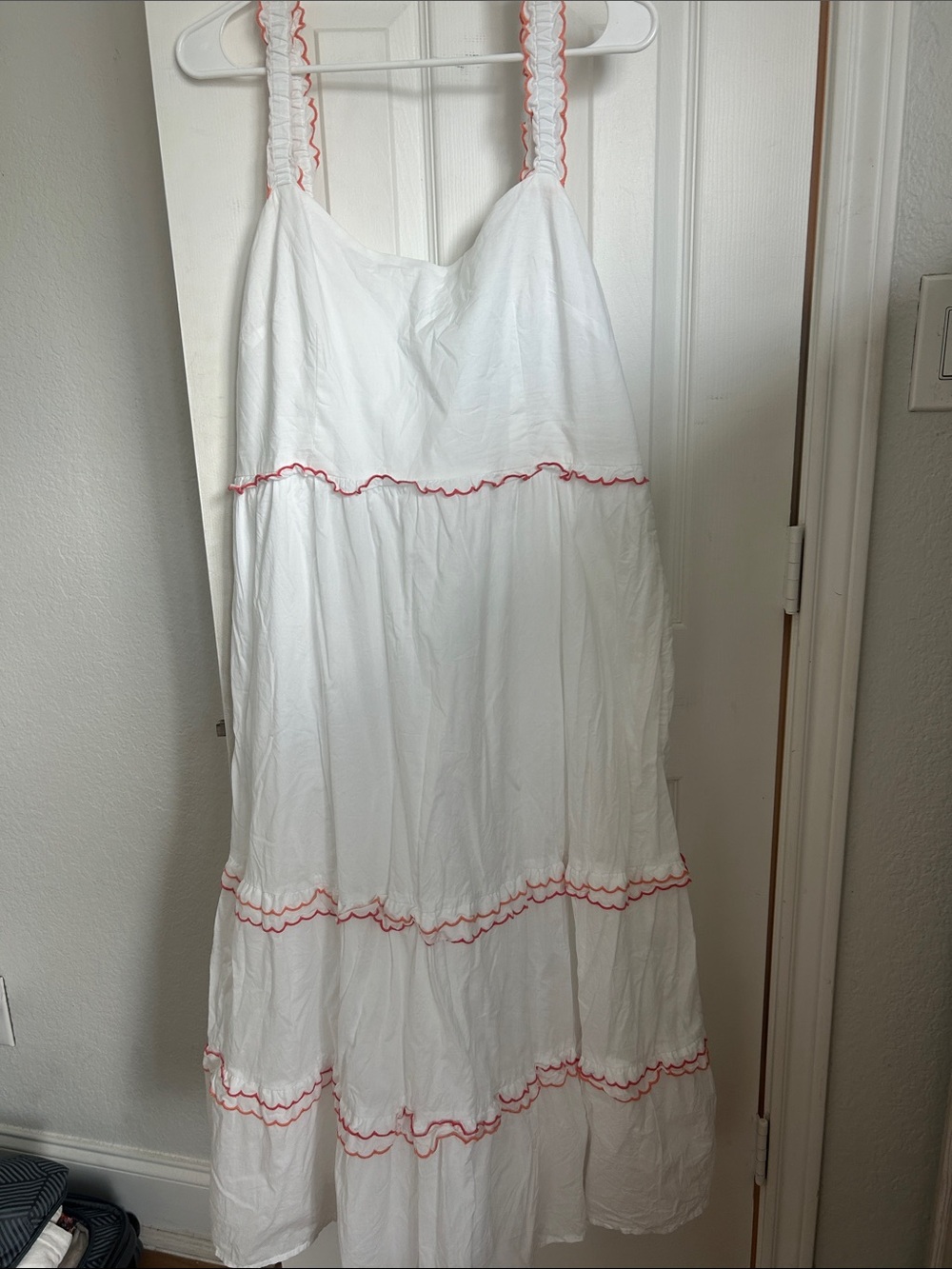 White Tiered Sundress with Coral Pink and Orange Trim